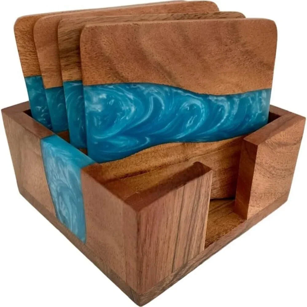 Wood Coasters with Resin - Set of 4 Cup Coasters with Holder - 4 x 4 Inches - Un